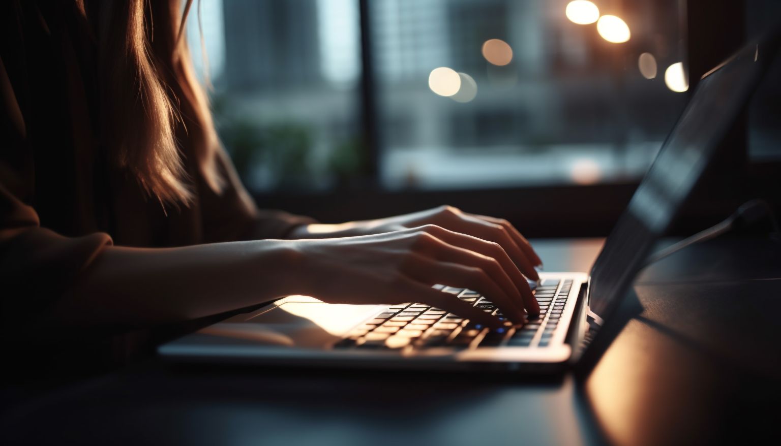 Young woman typing on laptop in office generated by AI