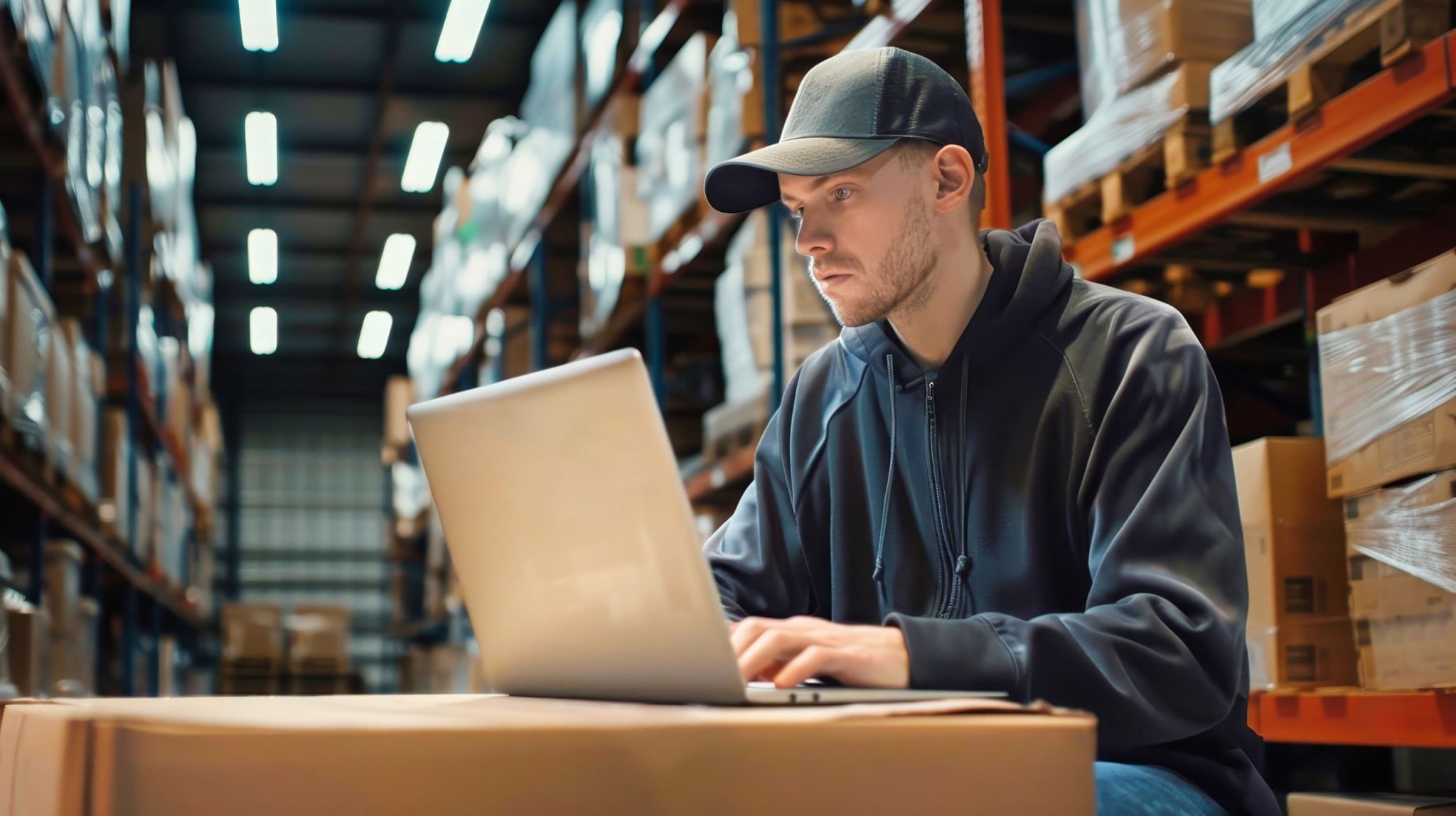 A warehouse worker diligently updates inventory records on his laptop in the dimly lit warehouse