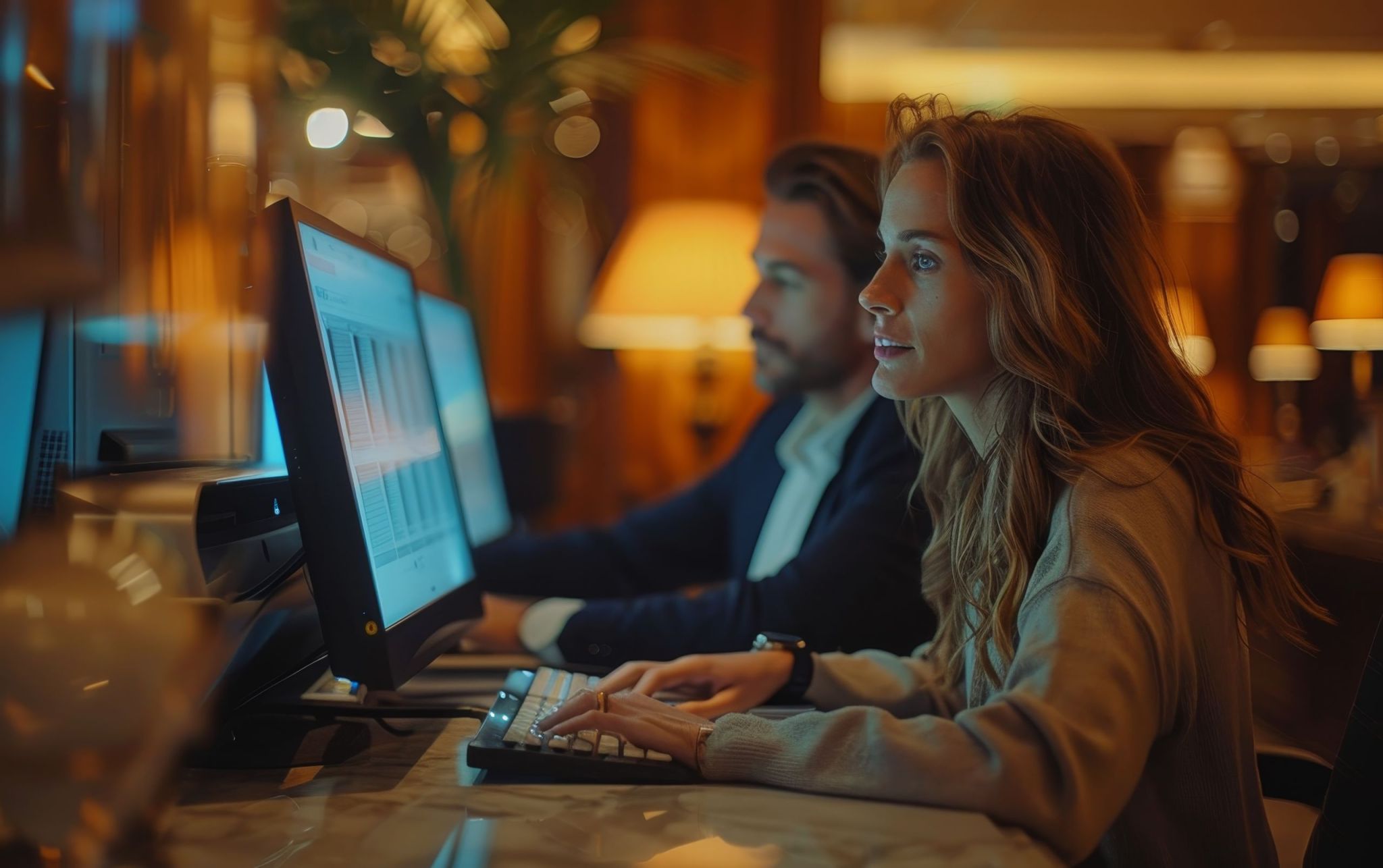 Woman Working on a Computer in a Modern Office Setting at Night