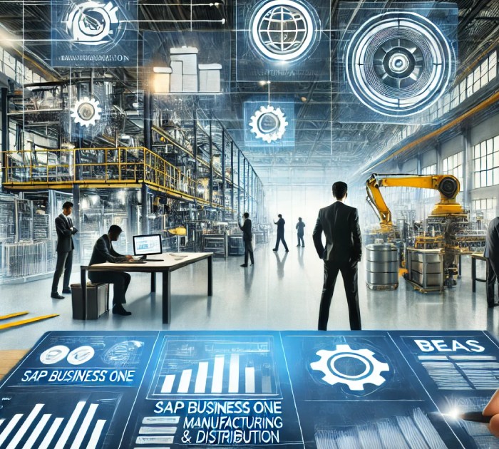 Image describing a factory with a control panel and business people working in it